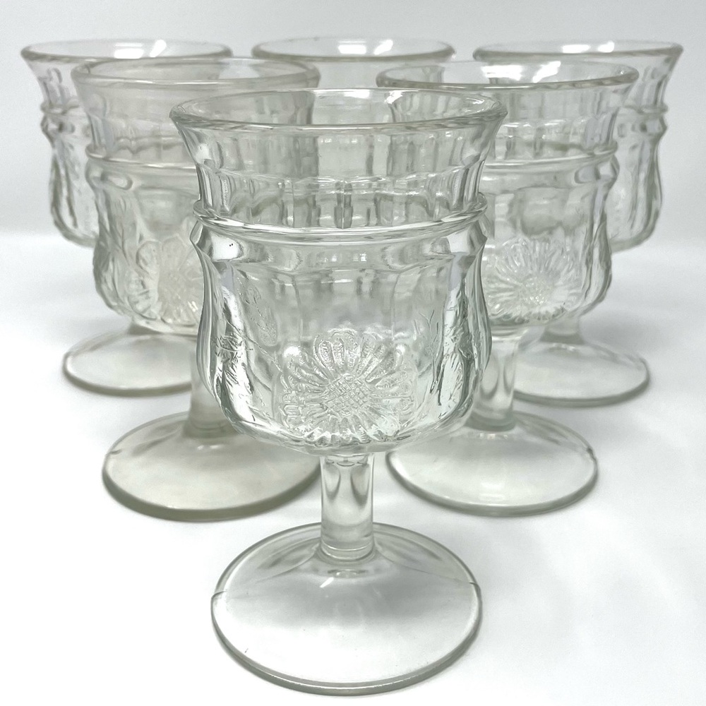 Antique Jenkins Raised Sunflower Paneled Water Goblets 5 1/2” Tall Pressed Glass